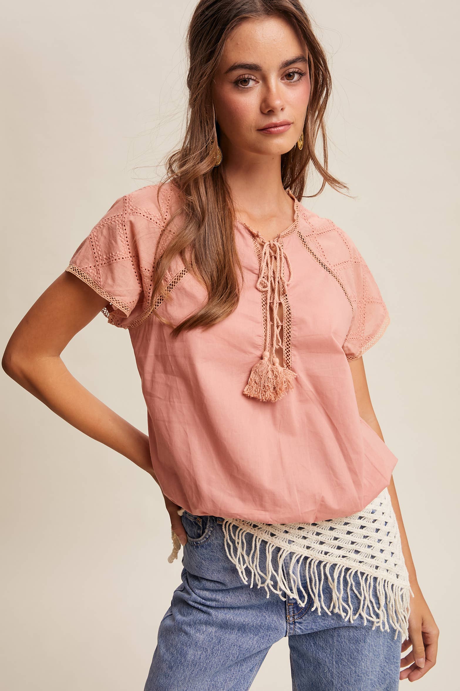 Lace Trim Tassel Tie Blouse - Image 23