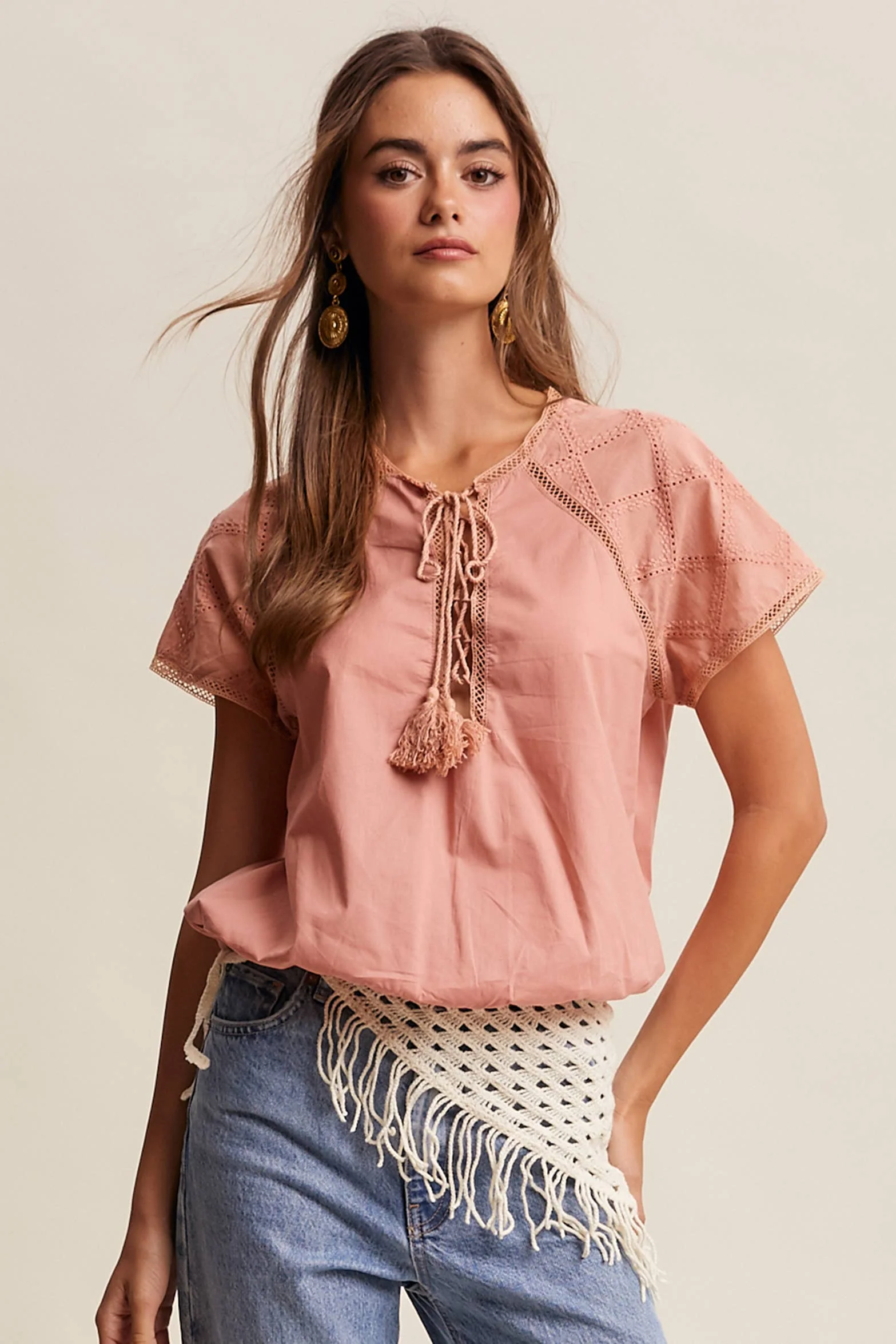 Lace Trim Tassel Tie Blouse - Image 24