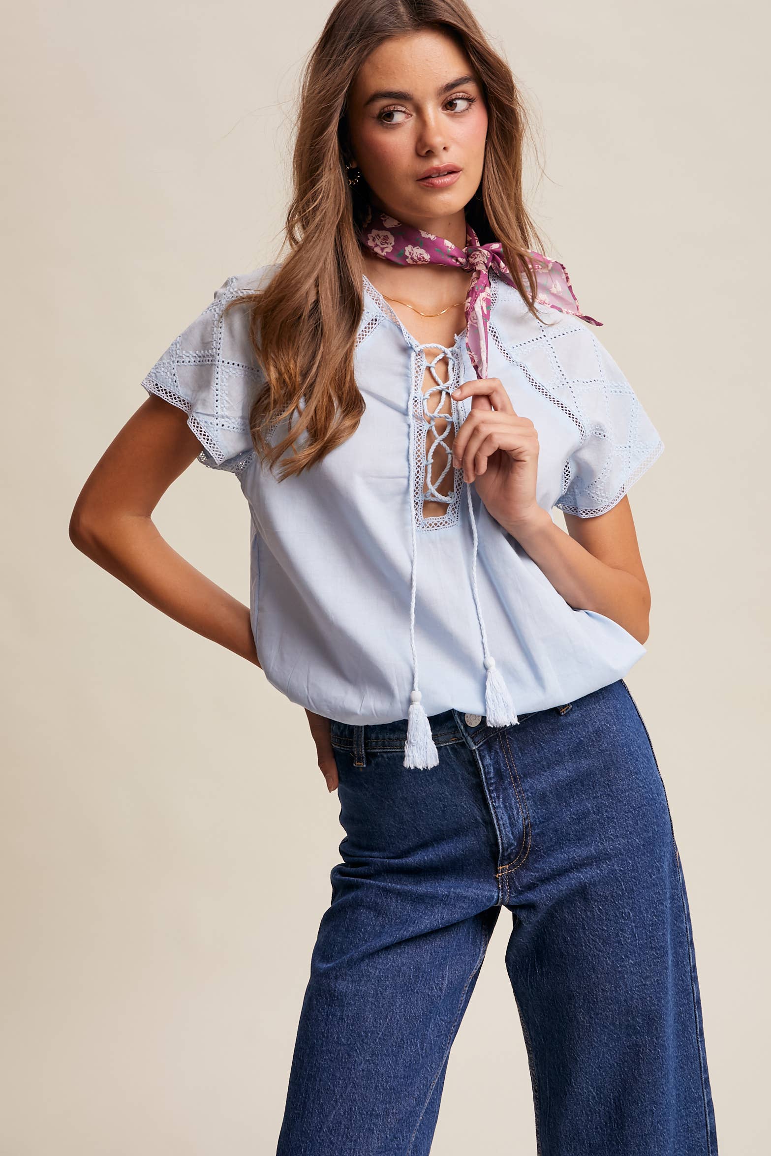 Lace Trim Tassel Tie Blouse - Image 3
