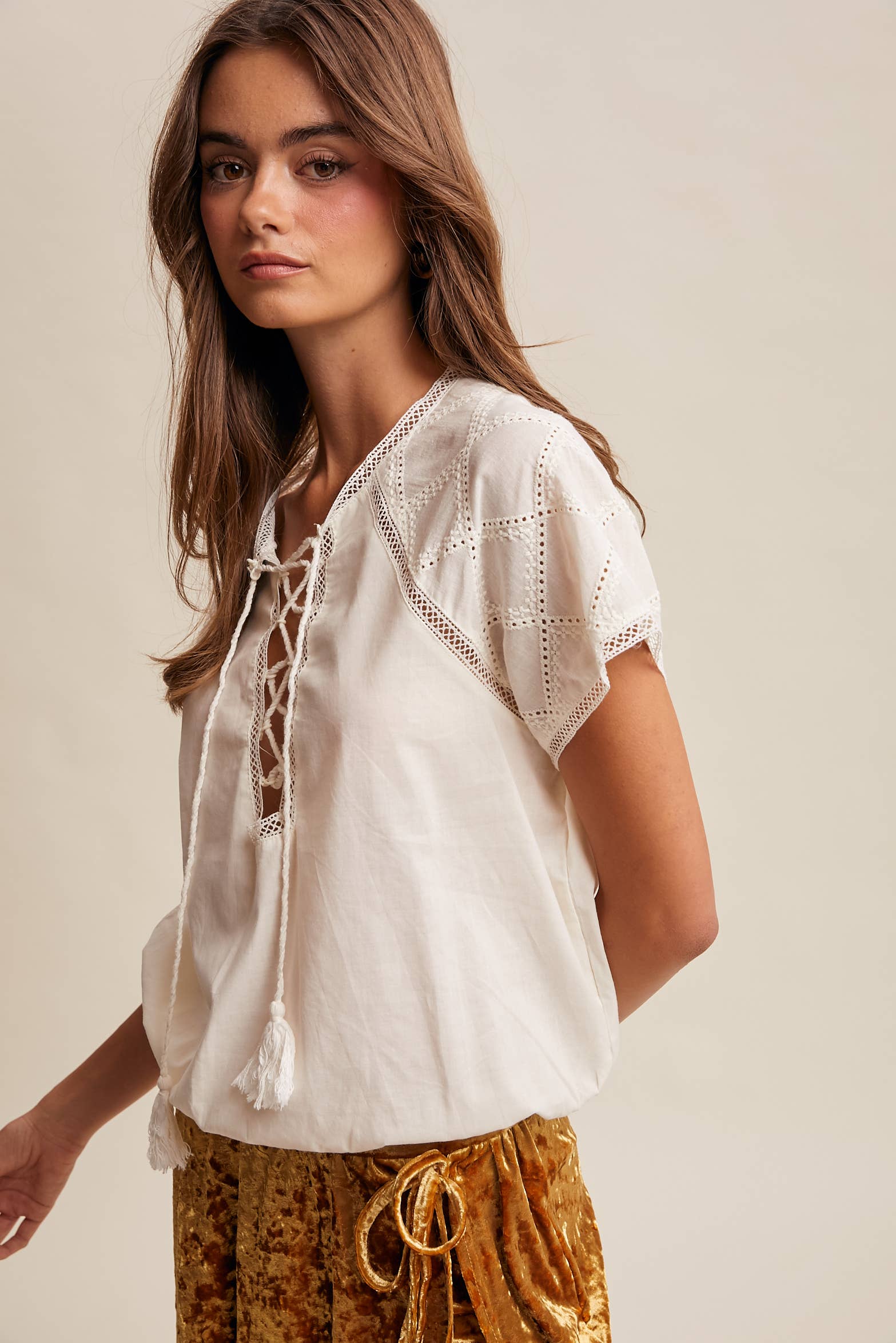 Lace Trim Tassel Tie Blouse White - Image 5