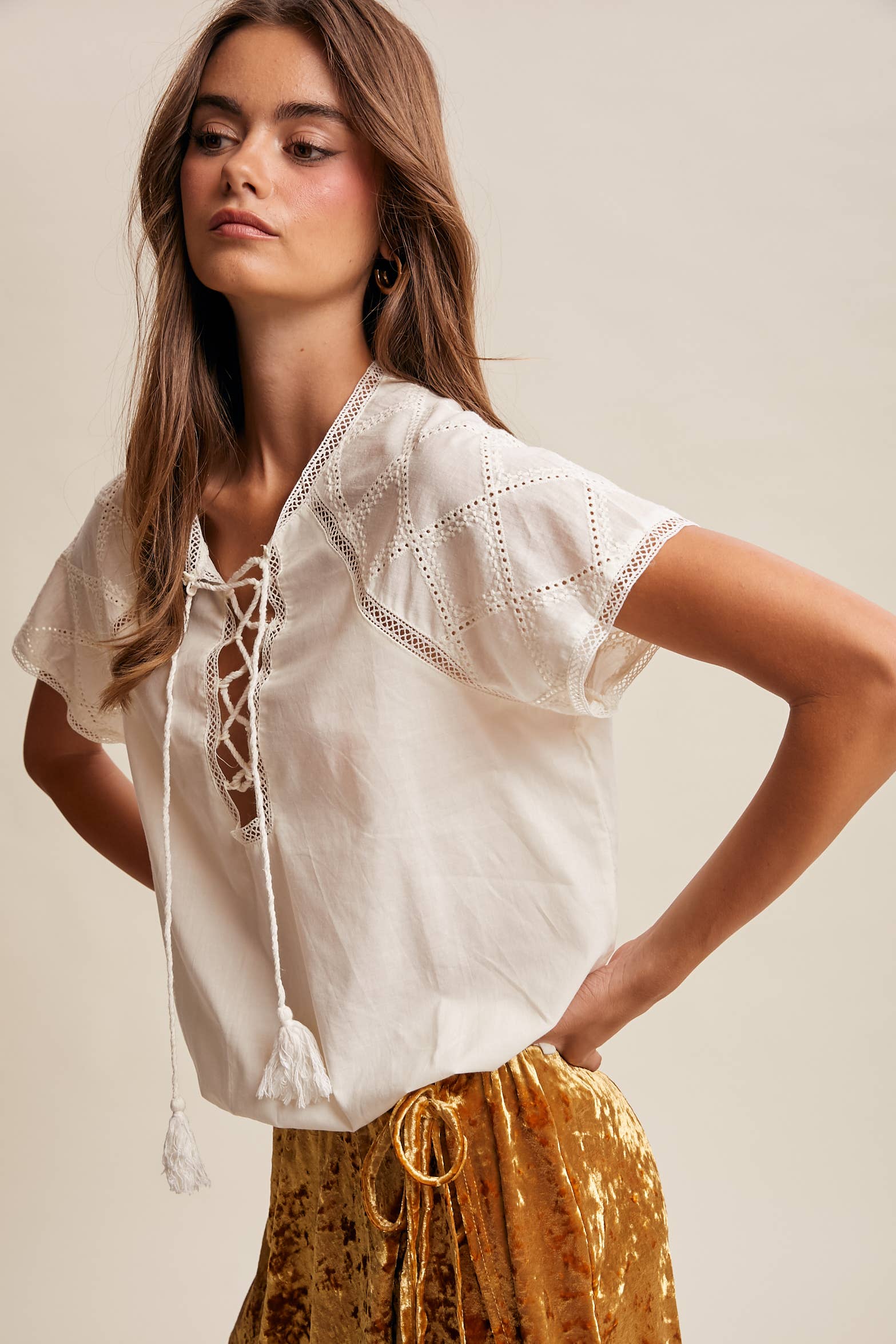 Lace Trim Tassel Tie Blouse White - Image 6